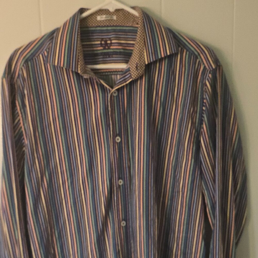 Bugatchi Uomo Button Up Shirt Size Large Striped Long Sleeve Relaxed Fit Mens